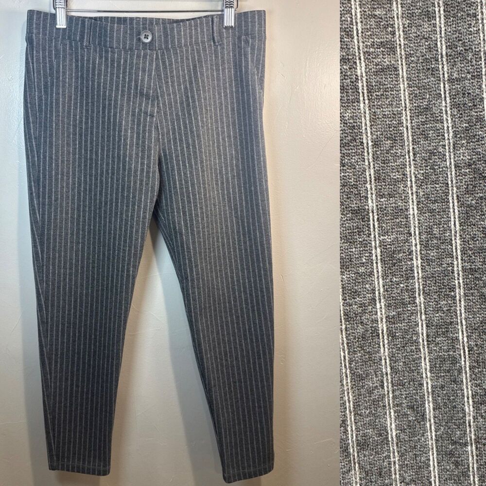 Betabrand Gray Striped Pull On Elastic Waist Pants Women's Large Petite Yoga